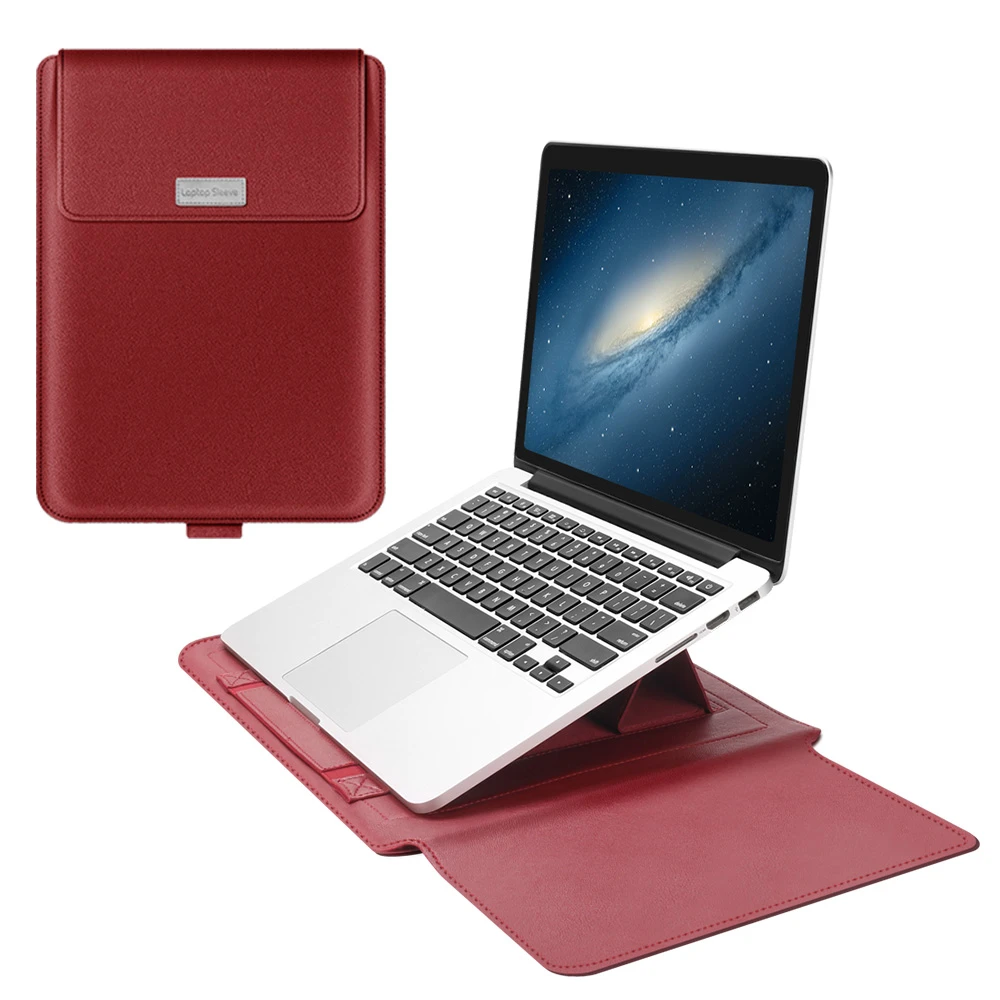 Mara MacBook-Hülle in Rubinrot, geschlossen und als Stand geöffnet