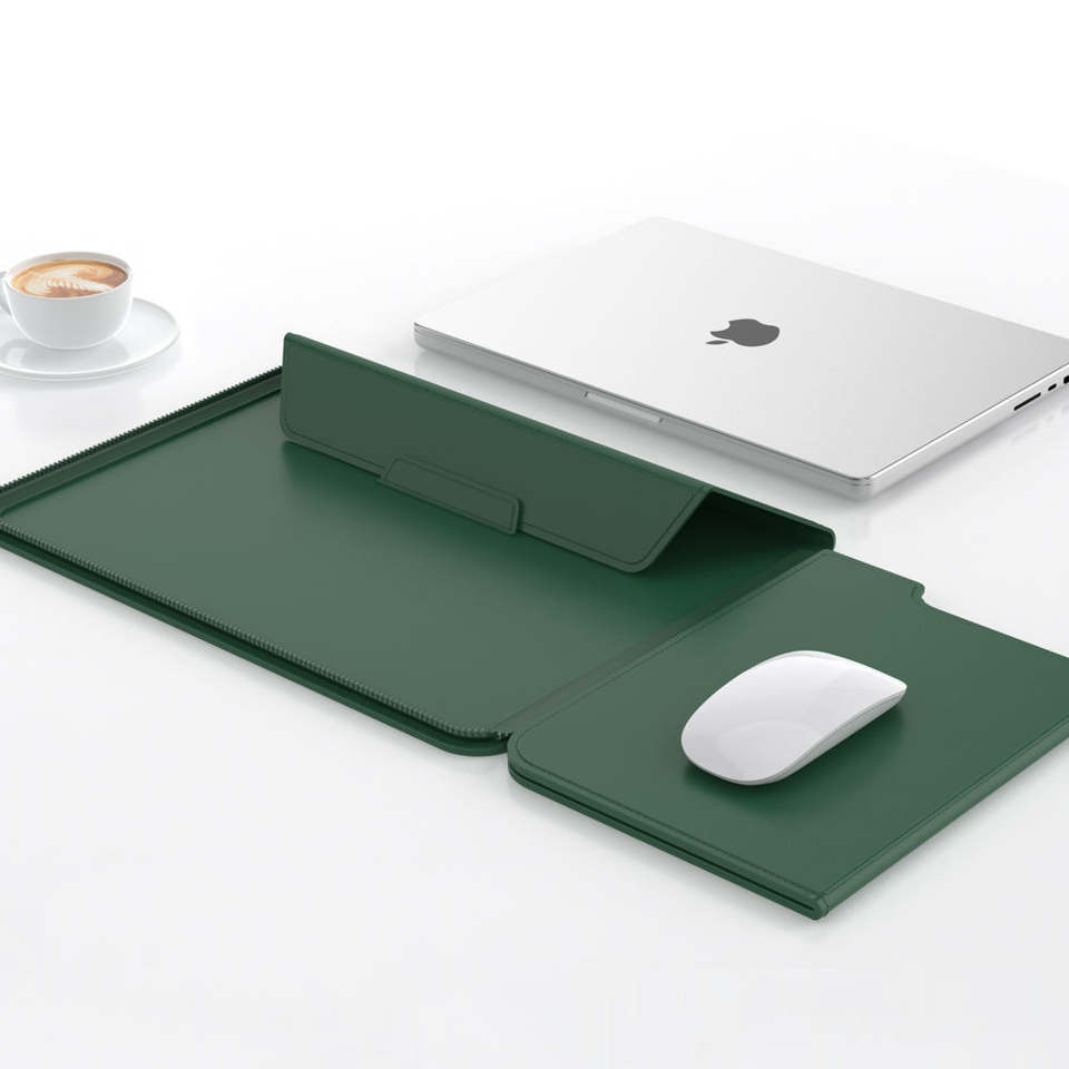 Nora geöffnet als Laptop-Stand und Mauspad mit MacBook und Maus