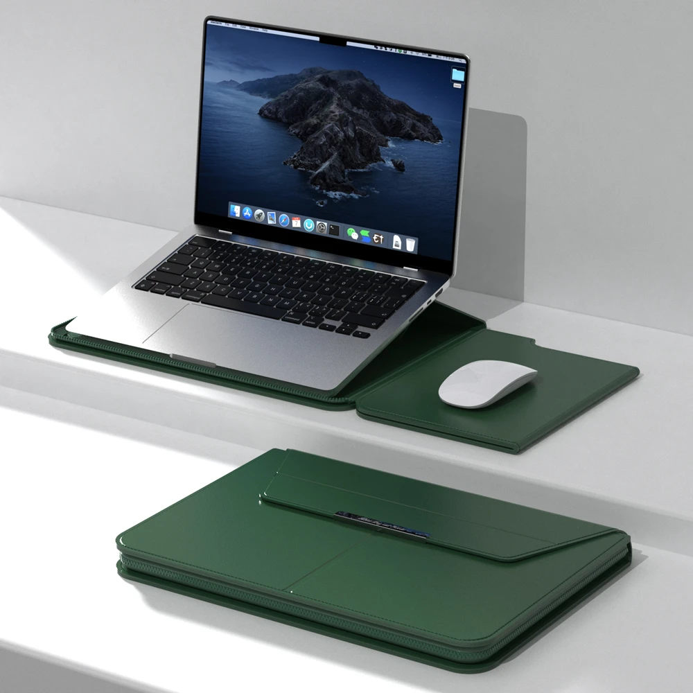 Nora MacBook-Hülle in Tannengrün mit Stand- und Mauspad-Funktion
